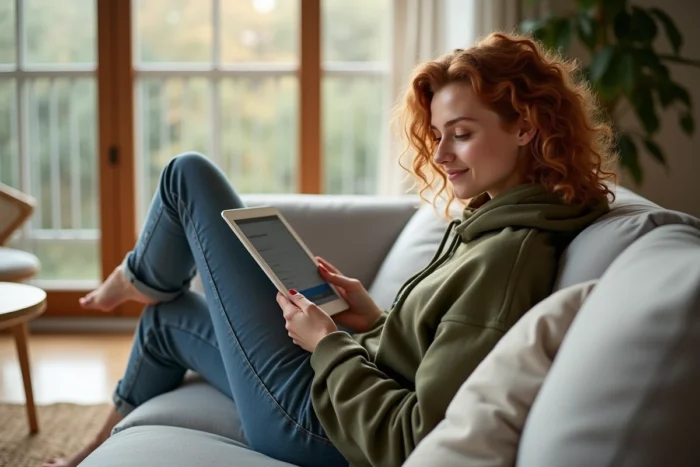 Jeune femme accédant à son compte Quintonic sur tablette depuis son canapé