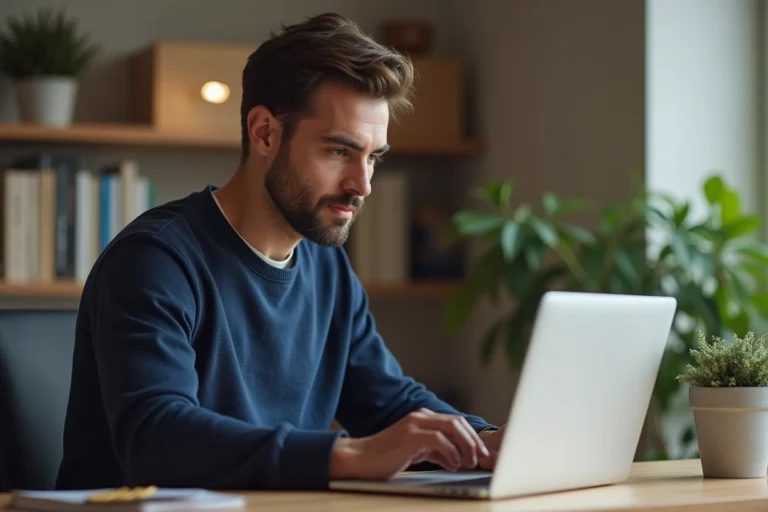 Homme naviguant sur un site web sécurisé depuis son ordinateur portable dans un bureau à domicile