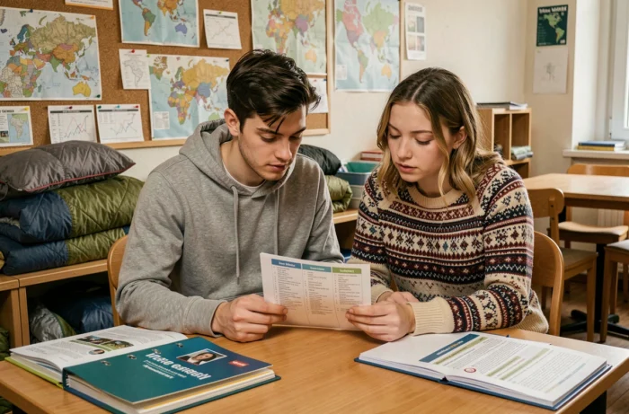 Deux accompagnateurs de voyages scolaires préparant l'itinéraire éducatif d'un séjour dans une auberge de jeunesse