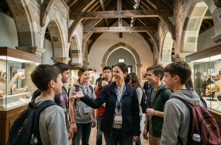 Accompagnatrice de voyage scolaire guidant des élèves dans un musée d'histoire naturelle lors d'une sortie éducative