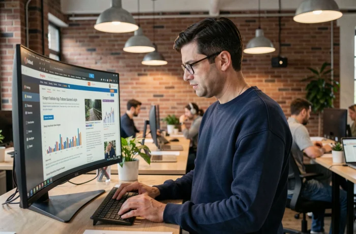 Homme en espace de co-working lisant des actualités numériques et tendances web sur grand écran incurvé