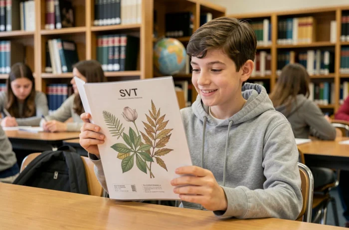 Adolescent en bibliothèque tenant une page de garde SVT imprimée avec illustration botanique devant un classeur scolaire