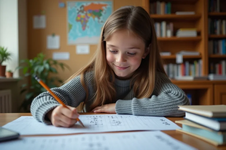 Adolescente faisant ses devoirs de maths sur la conversion kilomètres-miles à son bureau en bois