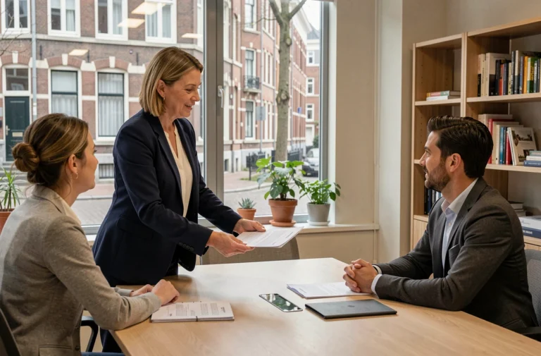 Agent immobilière présentant des documents à un couple dans une agence immobilière moderne à Bruxelles