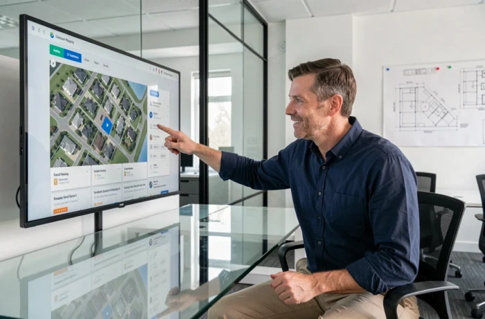 Agent immobilier présentant un portail interactif de recherche de biens sur un écran tactile dans une agence moderne