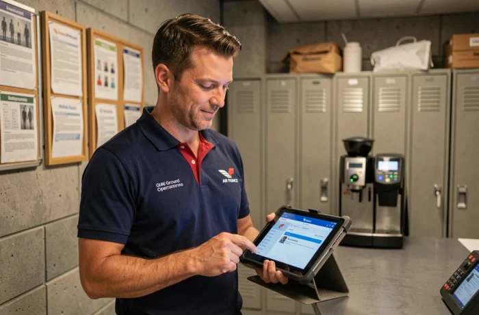 Agent au sol Air France accédant à la plateforme IPN sur une tablette dans la salle de pause du personnel aéroportuaire