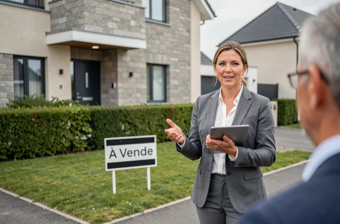 Agent immobilière devant une maison à vendre expliquant le projet à un acheteur potentiel