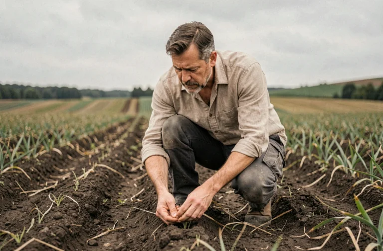 Agriculteur examinant la qualité du sol dans un champ agricole lors d'une visite de terrain en vue d'une location