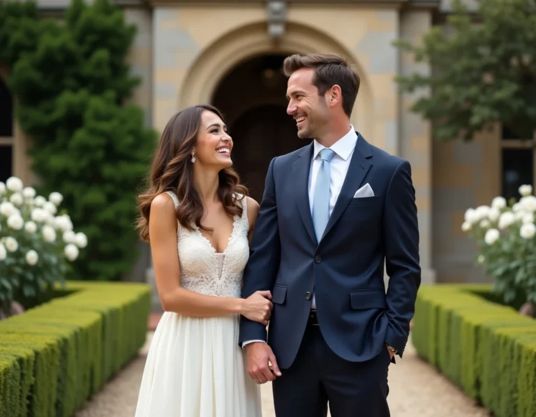 Alicia Dauby et son mari en tenue de mariage devant un château lors de leur cérémonie en 2026