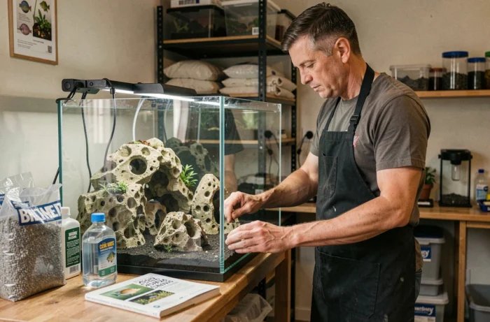 Aquariophile préparant un aquarium pour cichlidés avec des roches et du substrat adapté