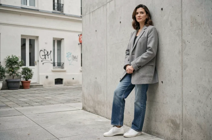 Femme portant un blazer oversize Ami Paris en laine grise dans une cour parisienne, vestiaire mixte adapté au style féminin
