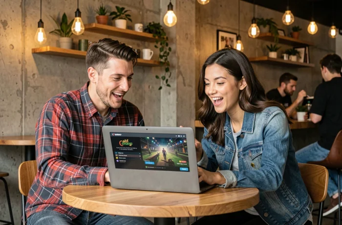 Deux amis comparant des jeux en ligne sur un ordinateur portable dans un café moderne