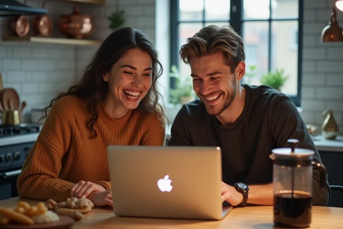 Deux amis qui jouent ensemble à un jeu de société en ligne sur ordinateur portable dans une cuisine moderne, loisirs interactifs à partager