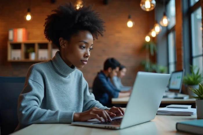 Jeune professionnelle analysant un tableau de bord SaaS B2B sur ordinateur portable dans un espace de coworking moderne
