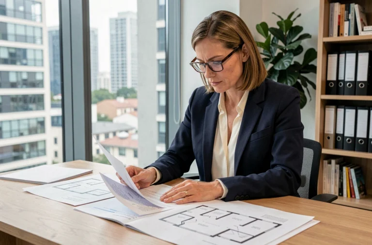 Femme professionnelle analysant des documents immobiliers dans une agence moderne pour un investissement immobilier réussi