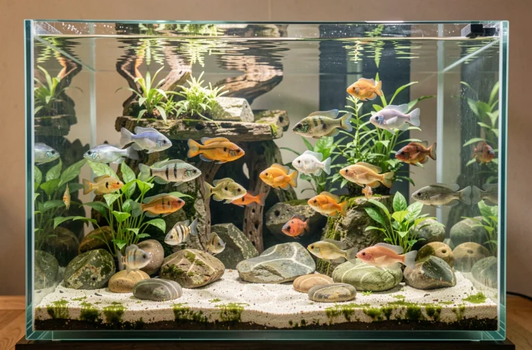 Aquarium naturel avec des cichlidés colorés nageant parmi des pierres et des plantes aquatiques