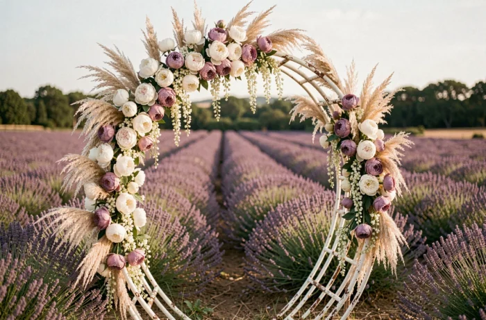 Arche de cérémonie de mariage fleurie en pivoines et herbes de la pampa dans un champ de lavande en Provence