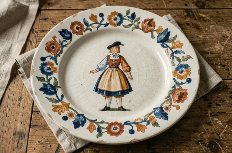 Assiette ancienne Henriot Quimper vue de dessus avec décor breton peint à la main, motifs folkloriques en bleu cobalt et ocre sur faïence ancienne