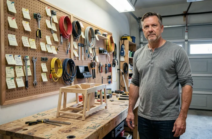 Homme bricoleur innovant dans un atelier garage domestique avec tableau pegboard organisé, outils et projets en cours