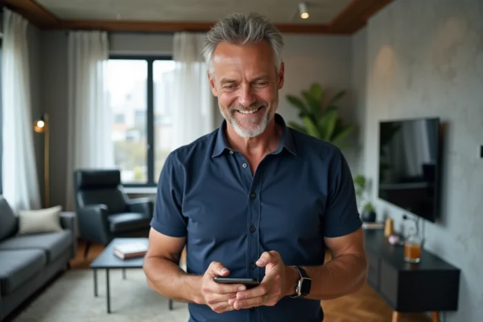 Homme lisant les avis sur 123 Loger depuis son smartphone dans un appartement moderne