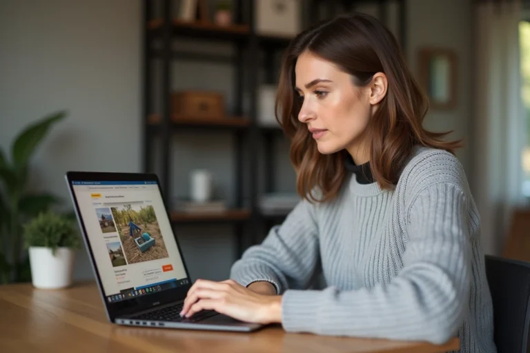 Femme consultant les avis utilisateurs sur le site 123 Loger depuis un bureau à domicile