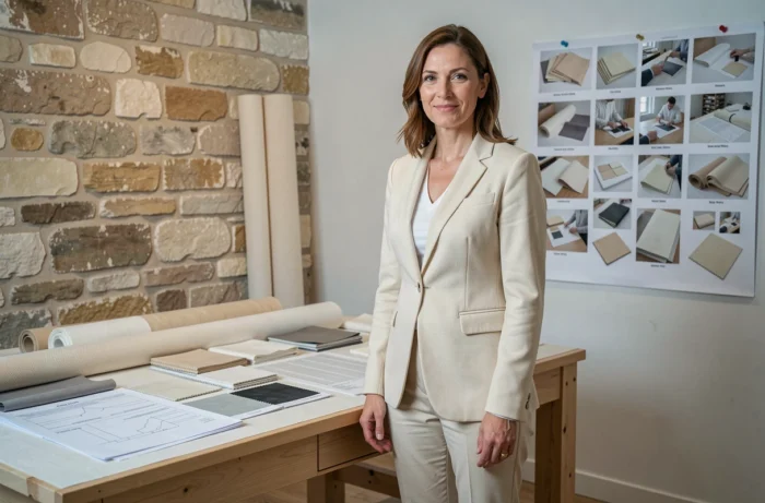 Femme en blazer taillé en France dans un atelier artisanal, illustrant la fabrication française et la transparence de Balzac Paris