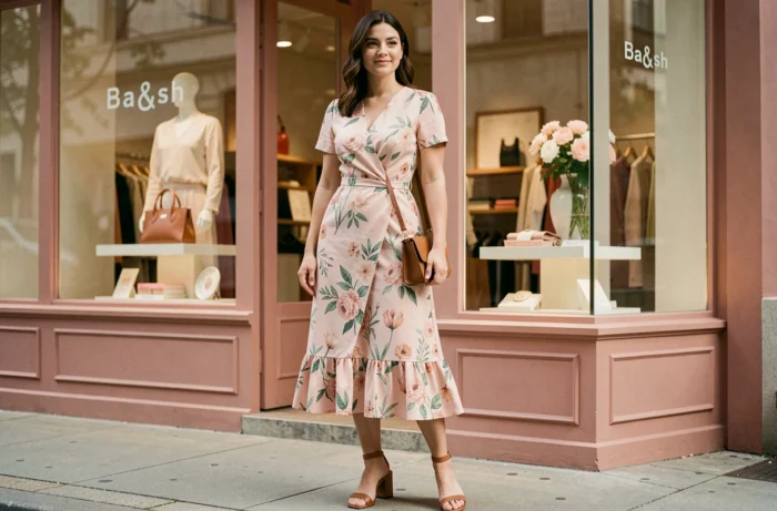 Femme en robe portefeuille structurée Ba&sh devant une boutique de la marque, illustrant la féminité structurée et le réseau boutique
