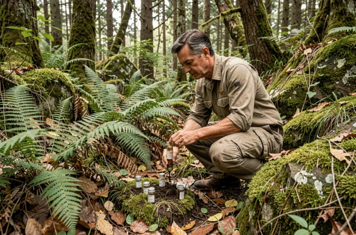 Biologiste de terrain collectant des échantillons de sol et de plantes dans une forêt tempérée lors d'une étude écologique
