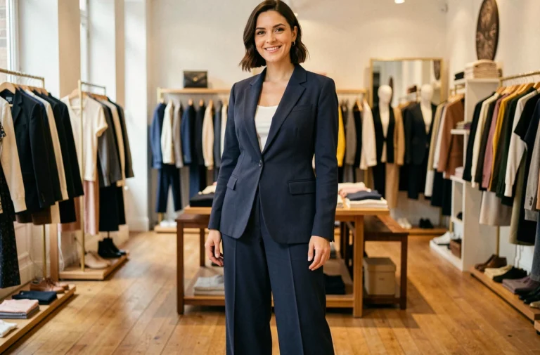 Femme à la silhouette en poire portant un blazer structuré et un pantalon large dans une boutique parisienne