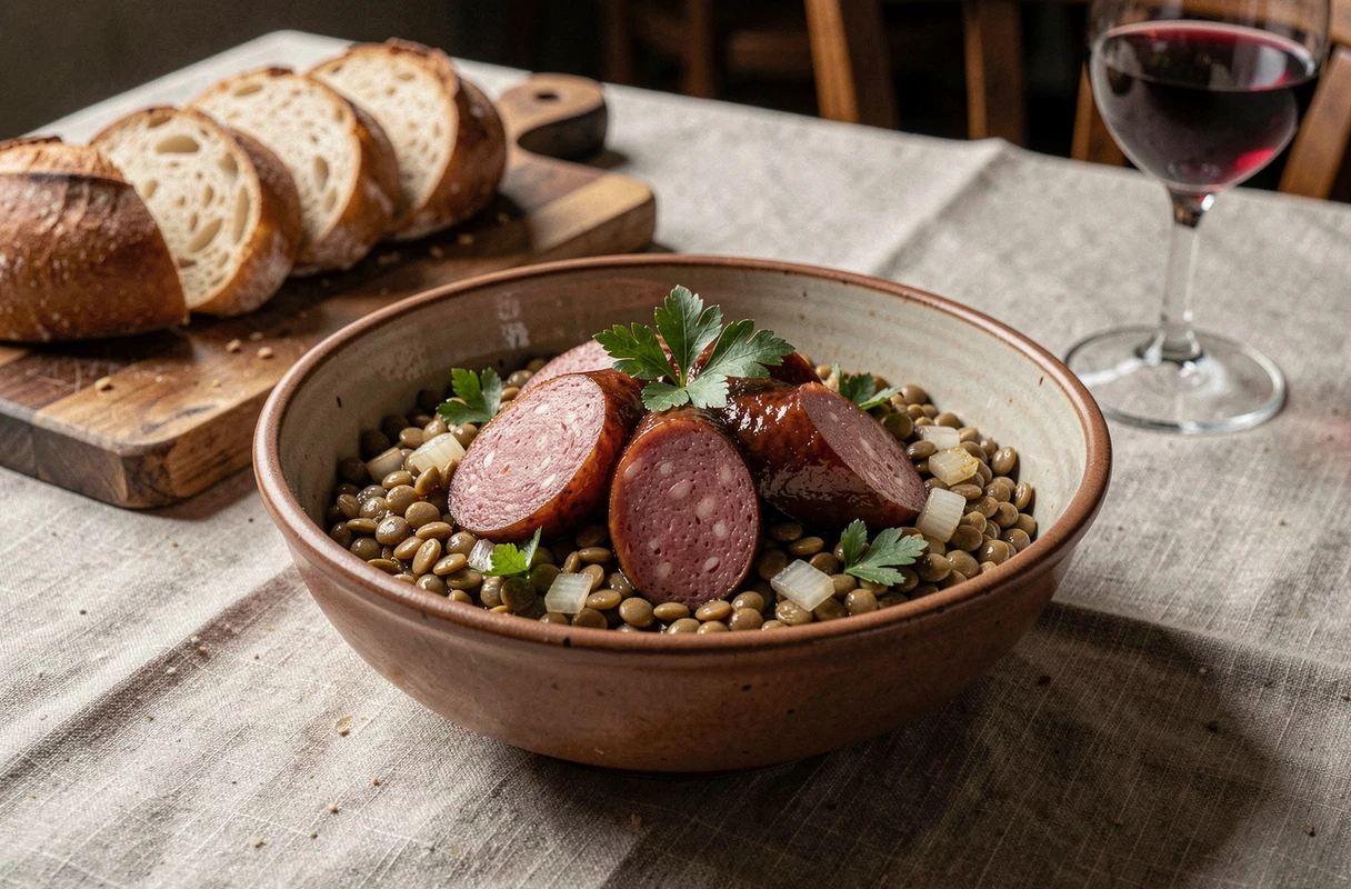 Bol de saucisses de Toulouse aux lentilles du Puy servies dans un bistrot français avec baguette et verre de vin rouge