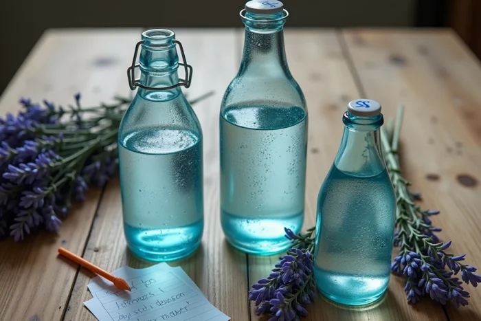 Comparaison de bouteilles d'eau minérale sur une table en bois pour choisir la meilleure eau contre les varices et les jambes lourdes