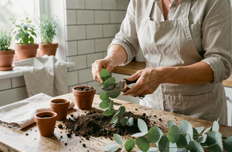 Femme préparant une bouture d'eucalyptus avec des cisailles sur une table en bois avec des pots en terre cuite