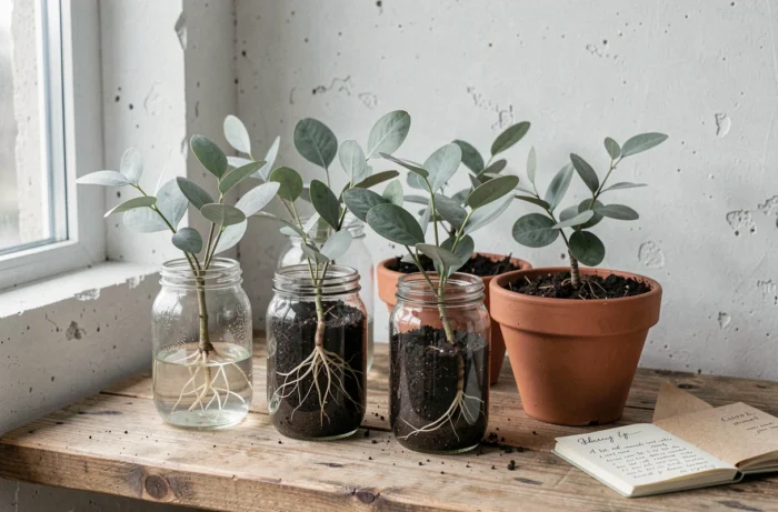 Boutures d'eucalyptus en cours d'enracinement dans des pots en verre et terre cuite sur une étagère en bois