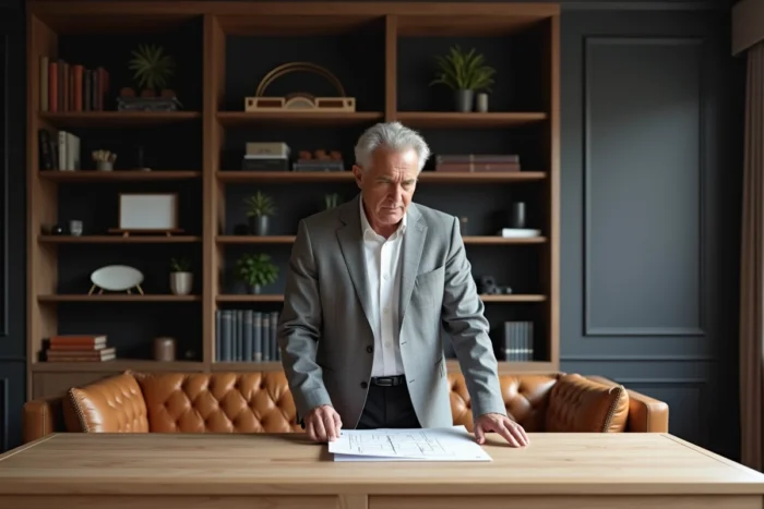 Bureau exécutif sur mesure en chêne blanc dans un espace de direction professionnel épuré