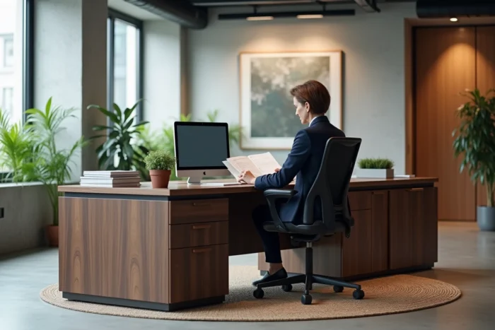 Bureau sur mesure en noyer foncé avec rangements intégrés dans un open space professionnel moderne