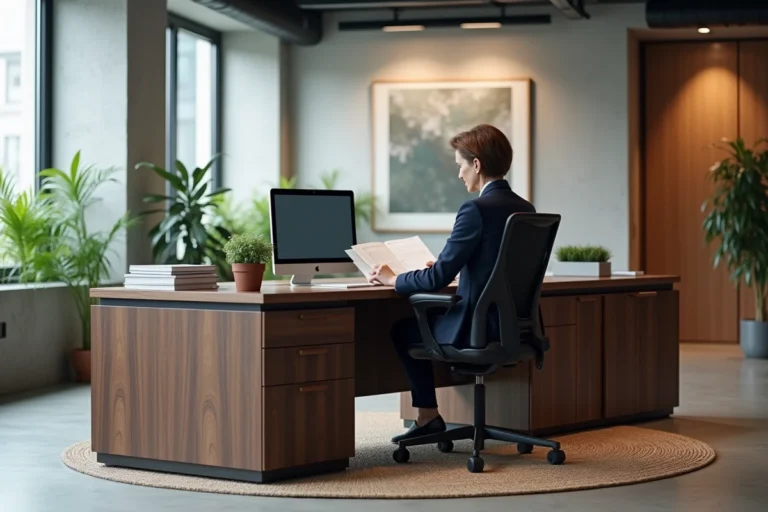 Bureau sur mesure en noyer foncé avec rangements intégrés dans un open space professionnel moderne