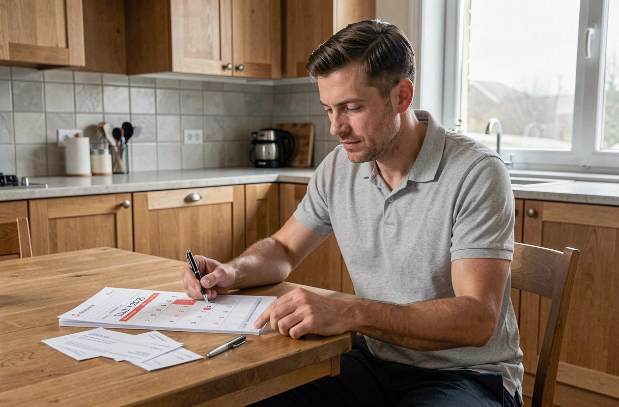 Homme consultant un calendrier de juillet 2026 avec des chèques différés Leclerc sur une table de cuisine