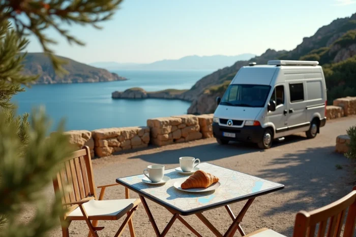 Camping-car garé à une aire de repos avec vue panoramique sur le golfe d'Ajaccio lors d'une pause de voyage en Corse