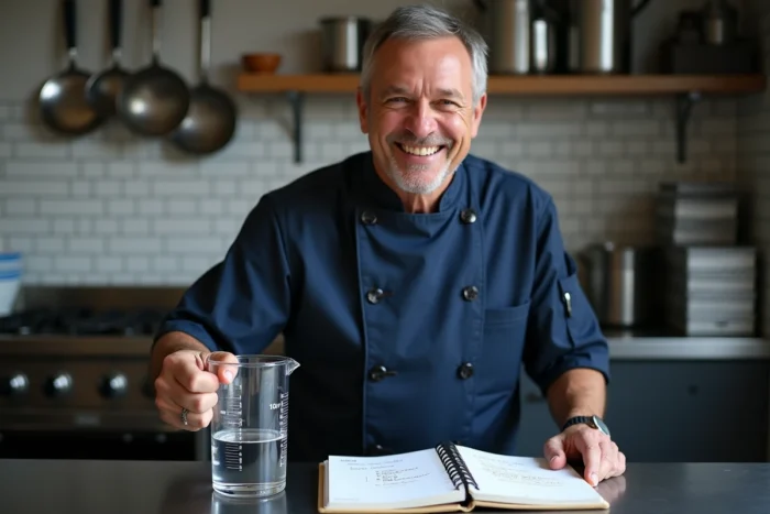 Chef cuisinier mesurant 100ml d'eau dans un verre doseur gradué pour illustrer la conversion grammes-litres