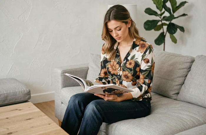 Femme portant un chemisier à motifs contrastant avec un jean sombre, assise dans un salon moderne et épuré