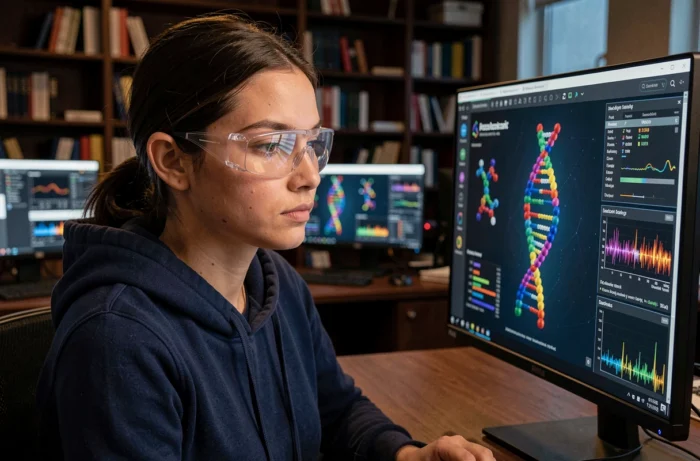 Chercheuse en bioinformatique analysant un modèle 3D d'ADN et des données de séquençage génomique sur écran d'ordinateur