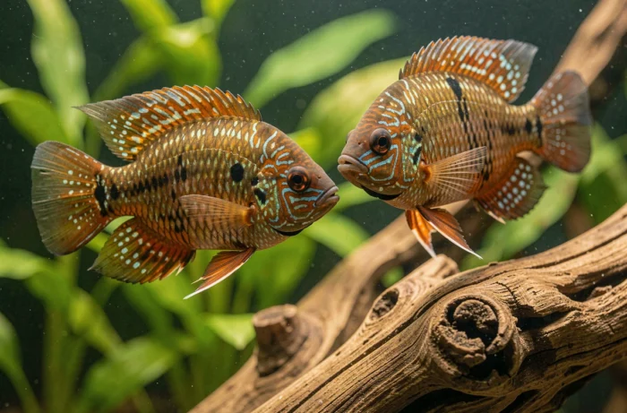 Deux cichlidés oscars aux écailles détaillées nageant près d'une racine en bois dans un aquarium