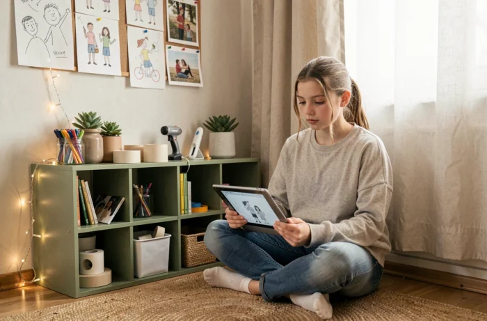 Adolescente créative assise dans son coin d'innovation personnalisé à la maison, entourée de matériel artistique et d'une tablette graphique