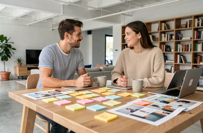 Deux personnes collaborant autour d'une grande table couverte de post-its et de moodboards dans un espace de vie moderne converti en espace créatif