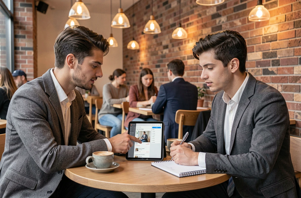 Deux professionnels collaborant sur une stratégie d'annonces en ligne dans un café urbain