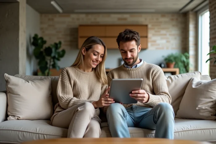 Deux colocataires cherchant un appartement ensemble sur une tablette dans un salon parisien moderne