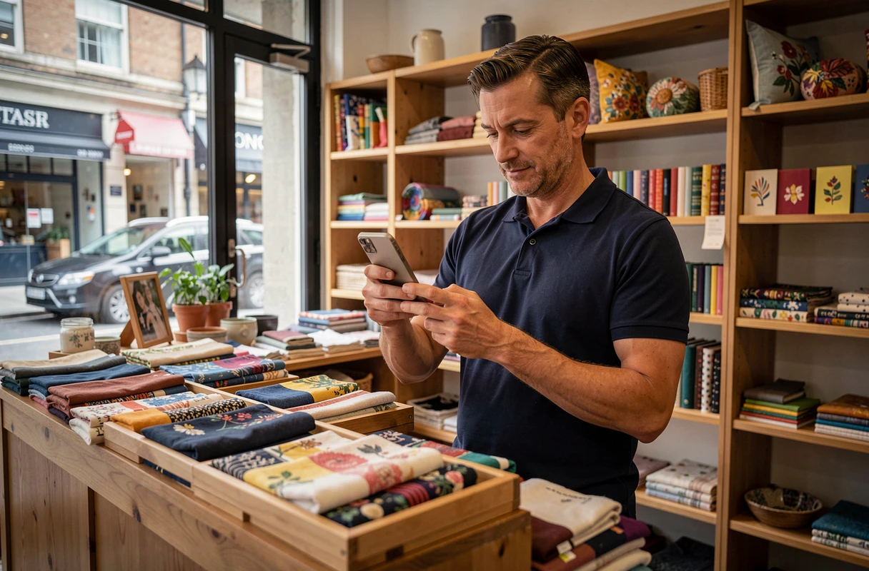 Commerçant photographiant ses produits artisanaux pour une annonce en ligne dans sa boutique