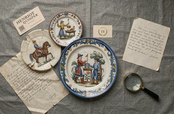 Comparaison de trois assiettes Henriot Quimper de différentes époques disposées en flat-lay avec loupe et notes d'authentification pour estimer l'ancienneté