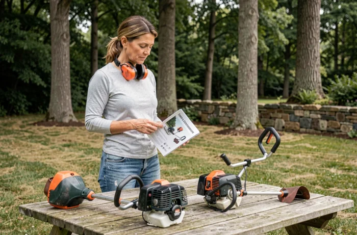 Femme comparant deux coupe-bordures thermiques posés sur une table en bois dans un grand jardin résidentiel
