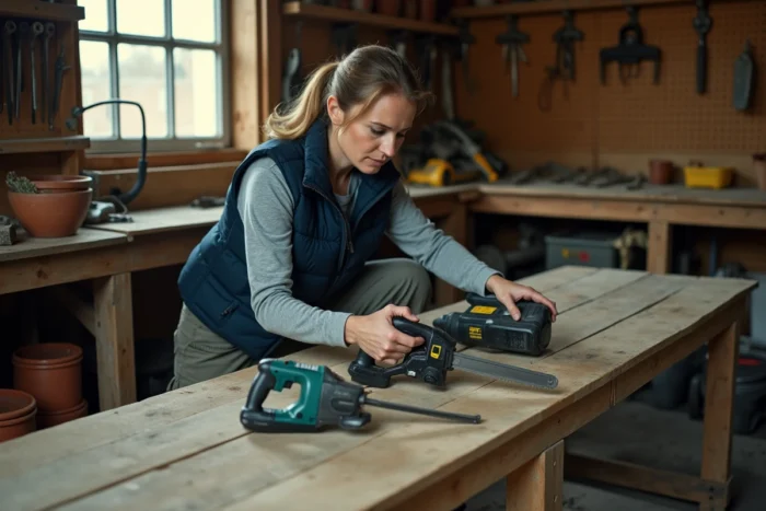 Femme comparant deux élagueuses électriques sans fil sur un établi dans un atelier de jardin